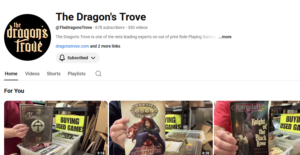 The Dragon's Trove has a Youtube Channel