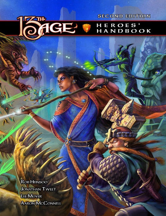 Cover of '13th Age Heroes' Handbook Second Edition' with fantasy characters and creatures.