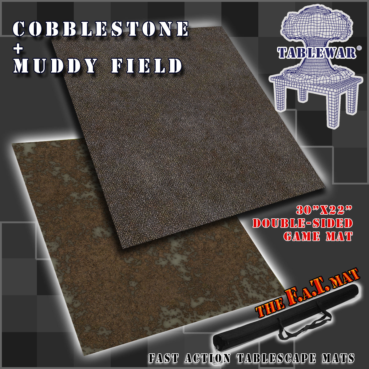30x22" Double-Sided 'Cobblestone' + 'Muddy Field' F.A.T. Mat Battle Gaming Mat