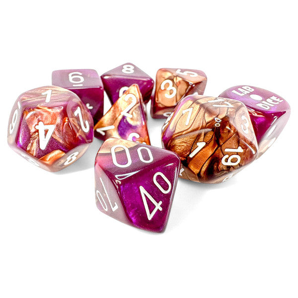 Lab Dice 9: Gemini Poly Copper-Purple/White  7-Die Set w/ bonus die