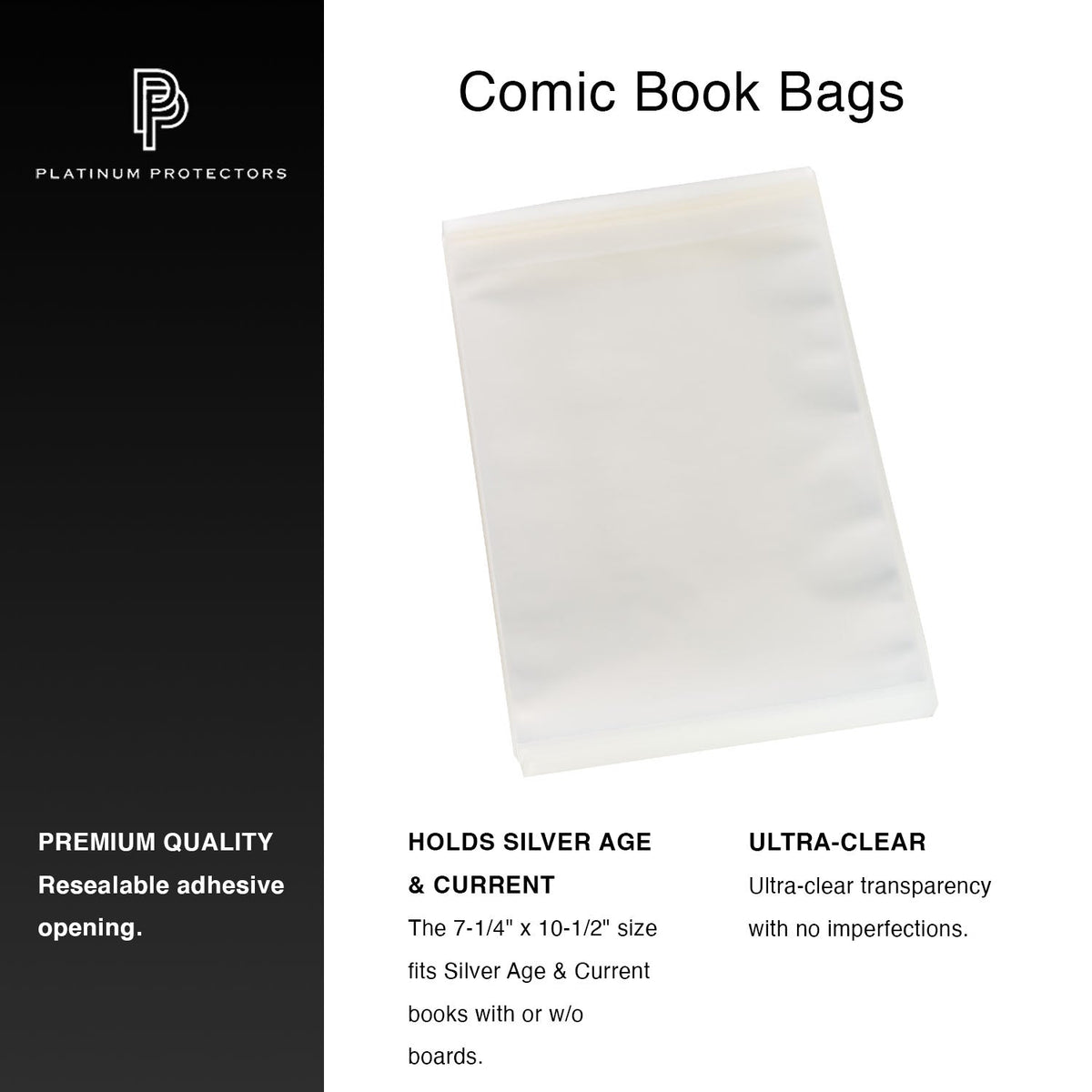 Platinum Protectors Comic Book Bags for Silver Age with Resealable Strip - 100 Pack