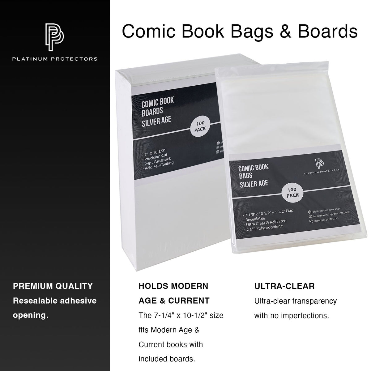 Platinum Protectors Comic Book Bags & Boards for Silver Age with Resealable Strip - 100 Pack
