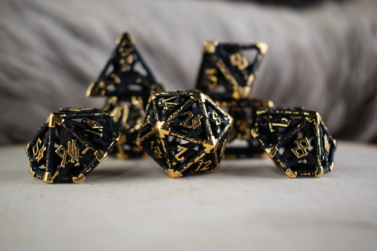 Legends of Valhalla - Matte Black and Gold Hollow Metal Dice Set