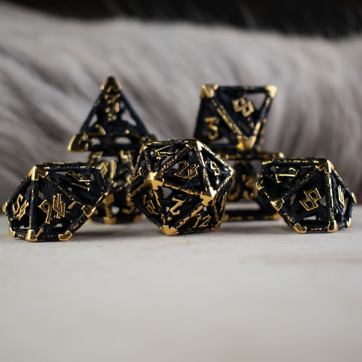 Legends of Valhalla - Matte Black and Gold Hollow Metal Dice Set