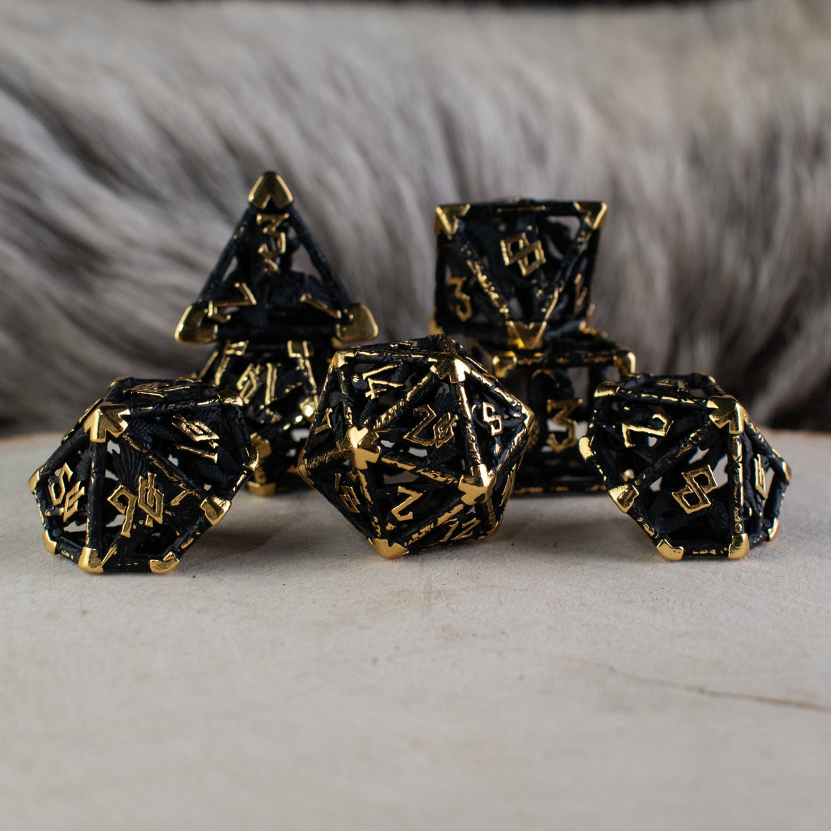 Legends of Valhalla - Matte Black and Gold Hollow Metal Dice Set