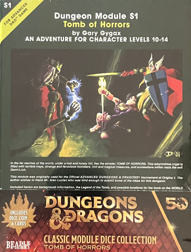 Coffret D&D Tomb Of Horrors 50e Anniversaire – 8 Dés Dont Un D20 Surdimensionné, Pièce Métal Et 4 Cartes Collector – Beadle & Grimm's