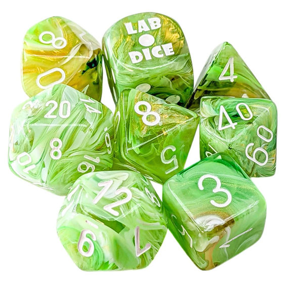 Lab Dice 10: Marble Poly Sour Green/White 7-Die Set w/ bonus die