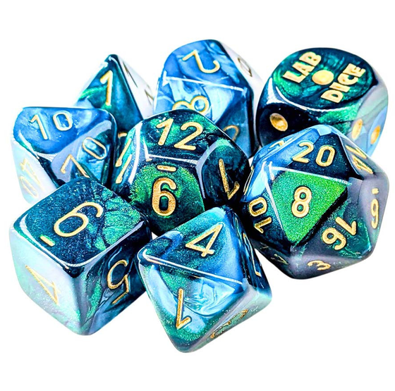 Lab Dice 10: Gemini Poly Green-Teal/Gold 7-Die Set w/ bonus die