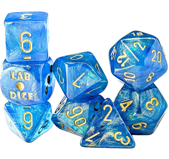 Lab Dice 10: Shimmer Poly Aqueous/Gold 7-Die Set w/ bonus die
