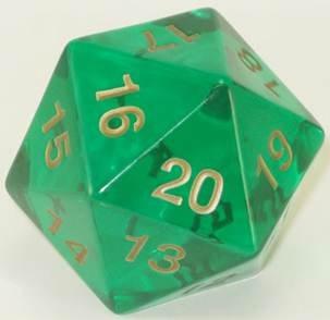 55mm Transparent D20 (Emerald Green w/ Gold) Spin-Down Die