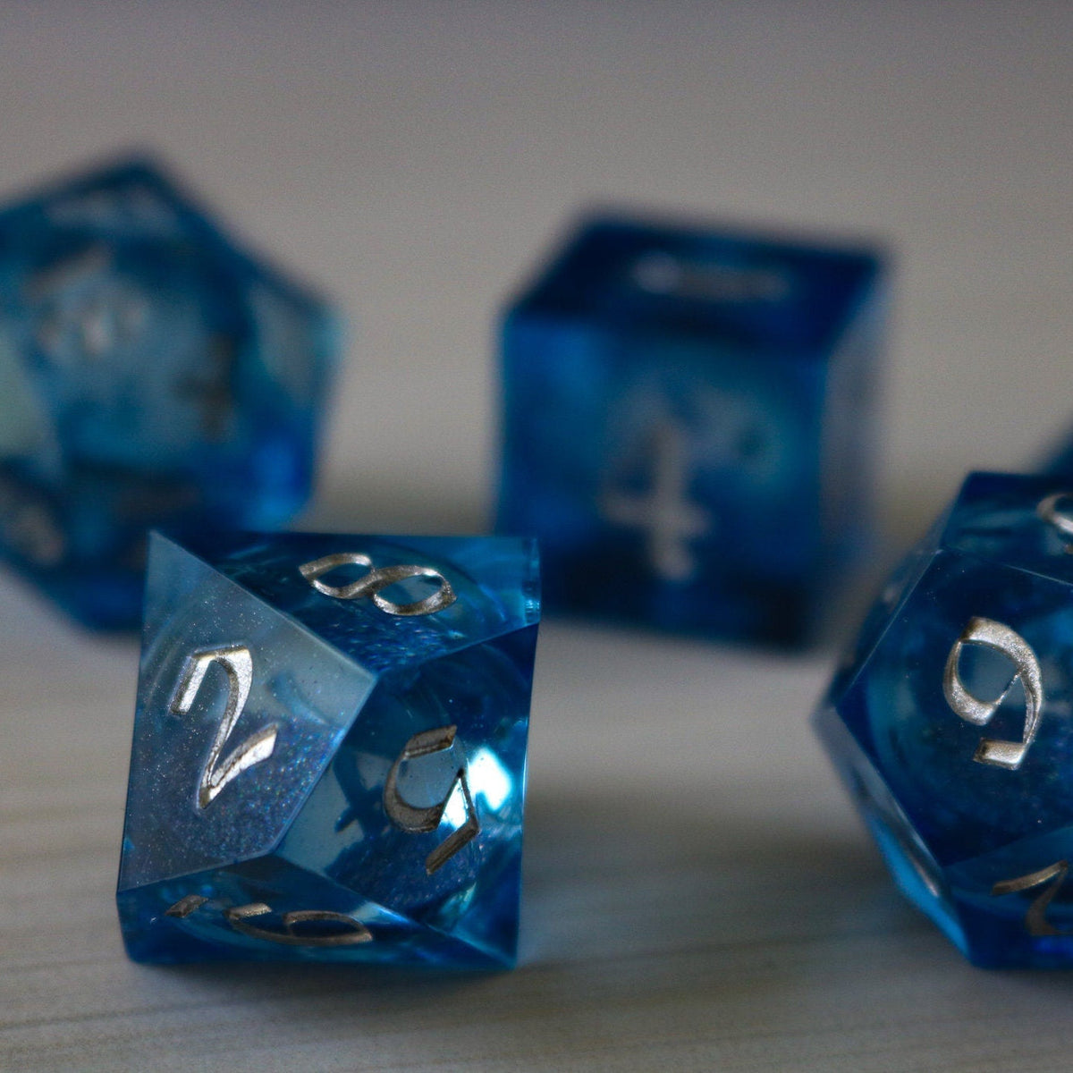 Blue Glitter Liquid Core Sharp Edge Handmade Resin Dice Set RPG Game DND Tabletop Gaming