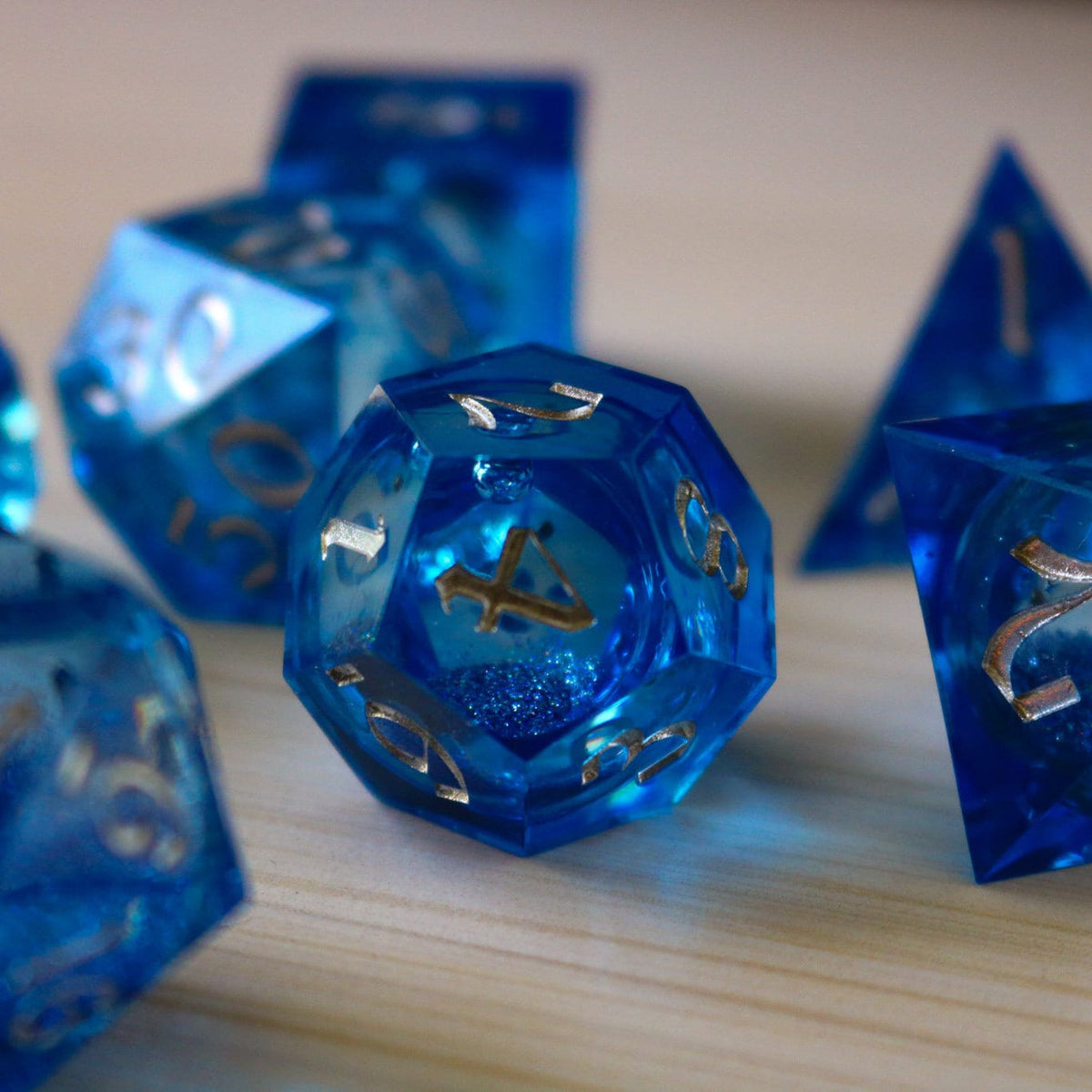 Blue Glitter Liquid Core Sharp Edge Handmade Resin Dice Set RPG Game DND Tabletop Gaming