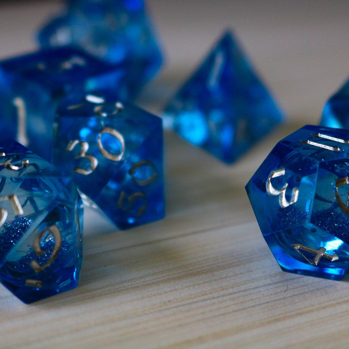 Blue Glitter Liquid Core Sharp Edge Handmade Resin Dice Set RPG Game DND Tabletop Gaming