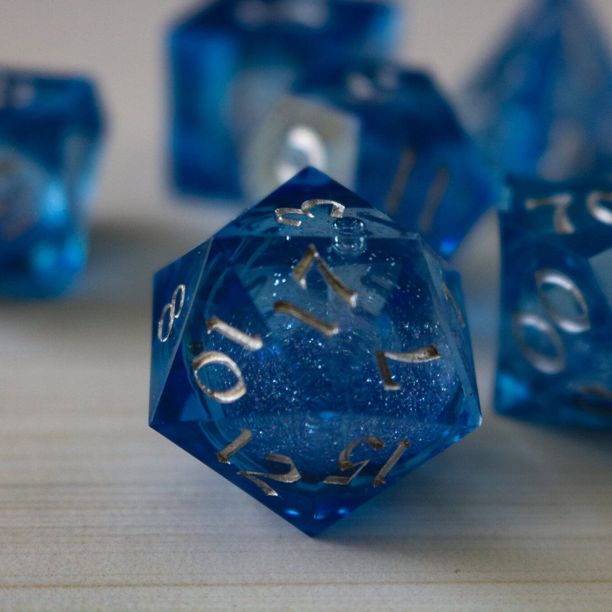 Blue Glitter Liquid Core Sharp Edge Handmade Resin Dice Set RPG Game DND Tabletop Gaming