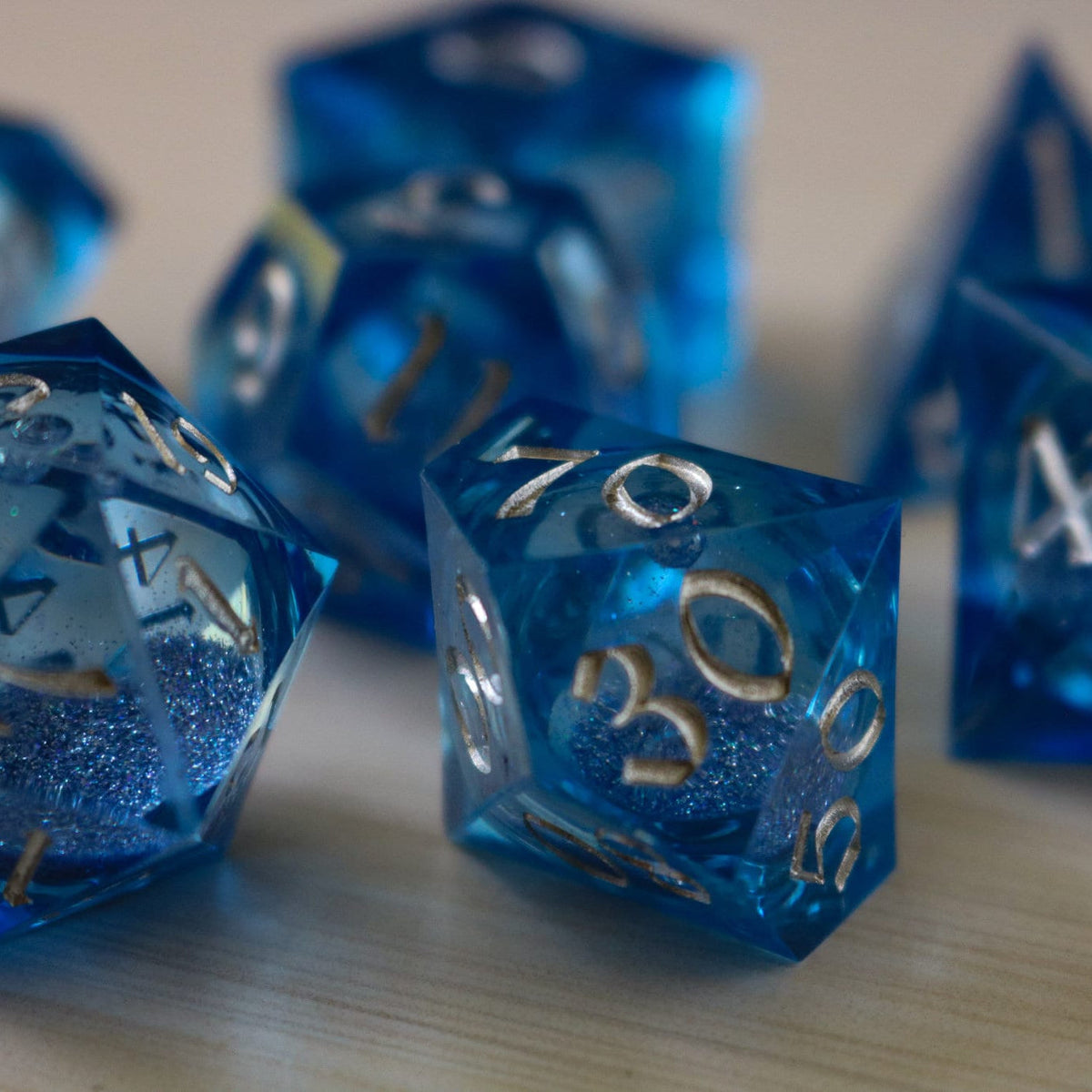 Blue Glitter Liquid Core Sharp Edge Handmade Resin Dice Set RPG Game DND Tabletop Gaming