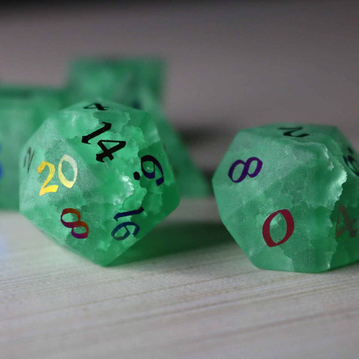 Green Mint Inked Lightning Glass Cracked Glass (And Box) Polyhedral Dice DND Set