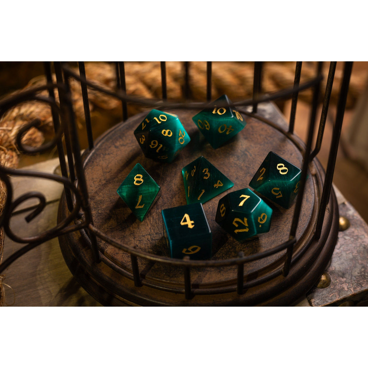 Hand Carved Gemstone Dark Green Cats Eye Stone (And Box) Polyhedral Dice DnD Dice Set